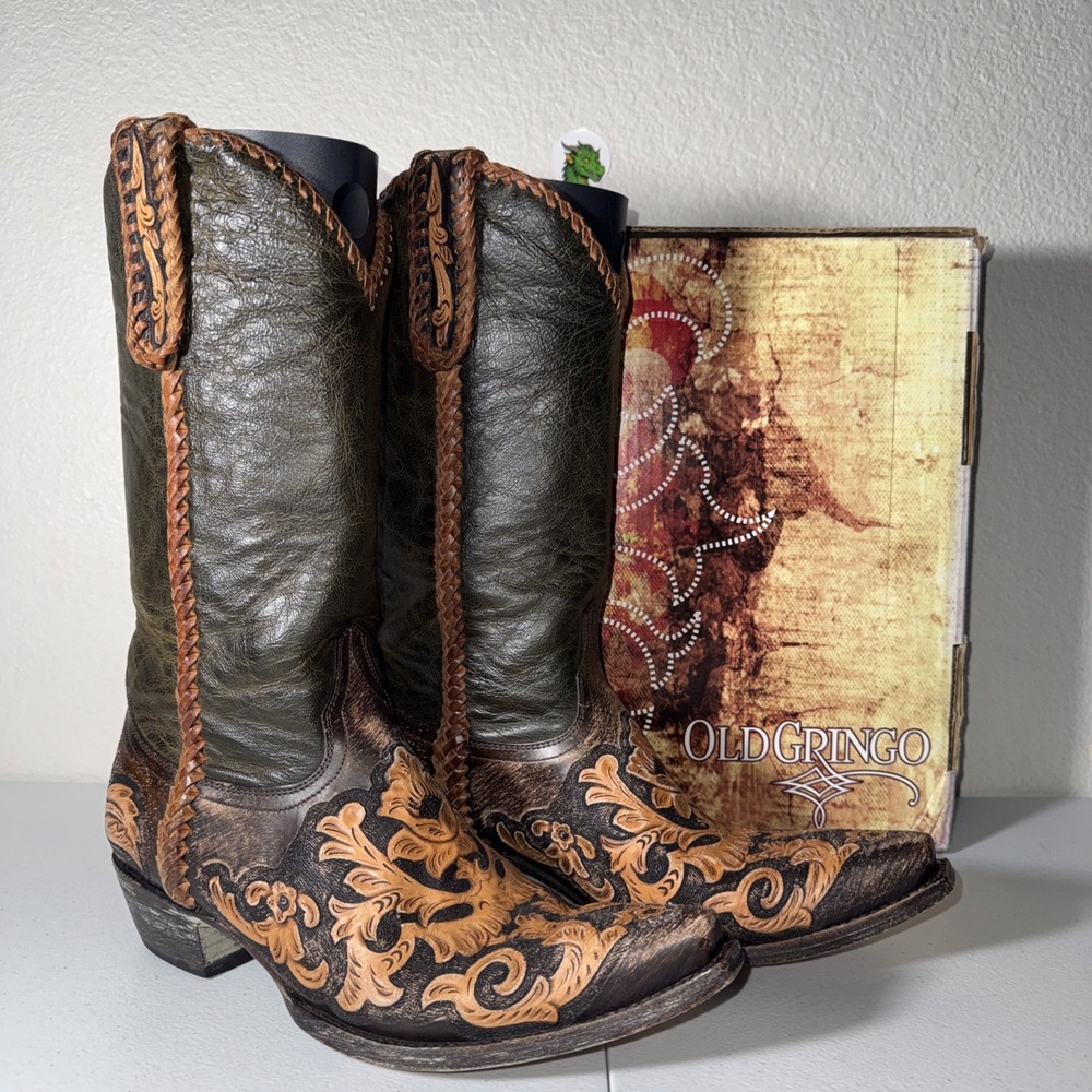 Old Gringo Sonia 13" Brown Hand Tooled Leather Cowboy Boots Women's Size 9.5
